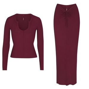 Ready 2 Ship SKIMS Wine Soft Lounger Ruched Skirt & Long Sleeve Set